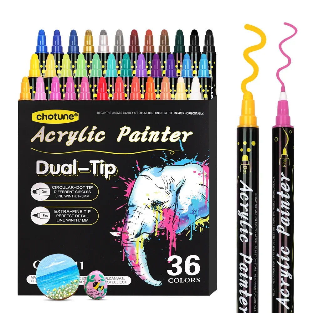 Chotune Dual-Tip Acrylic Painter Set with 36 vibrant colors, featuring extra-fine tips for detailed designs and circular-dot tips for bold strokes. Ideal for use on canvas, wood, glass, metal, and other surfaces, perfect for creative projects and artwork.