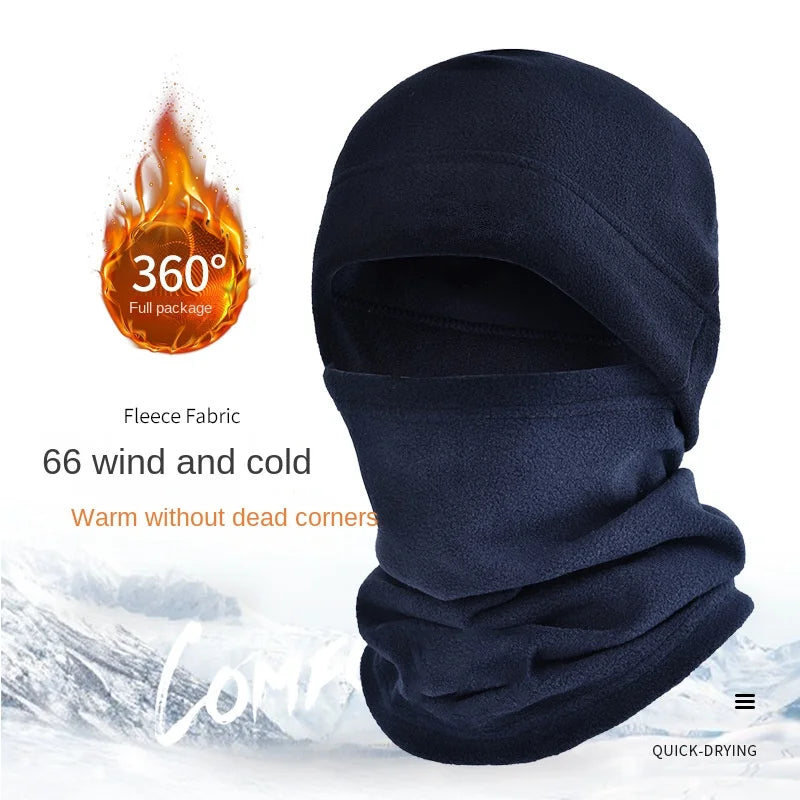 "Experience ultimate warmth with this 360-degree fleece fabric set, featuring a velvet hat and fuzz neck cover for full coverage. Ideal for outdoor activities during chilly autumn and winter days."