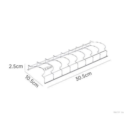 "Compact dish rack with dimensions of 2.5cm x 10.5cm x 30.5cm, designed to fit small spaces while providing efficient organization."