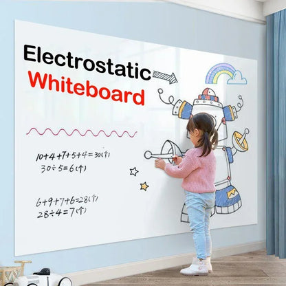 "Transform your space with this reusable electrostatic whiteboard sticker, offering a writable, wipeable surface without damaging walls. Made from durable, waterproof PP material, it’s perfect for home, office, or classroom use."