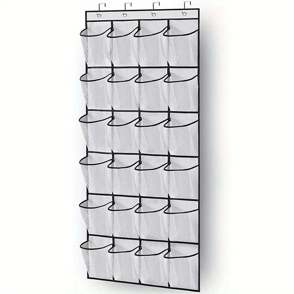 "Keep your space tidy with this organizer featuring 24 clear mesh pockets for easy visibility. Perfect for shoes, accessories, or household items, it’s durable, breathable, and saves space with its wall-mounted or over-the-door design."