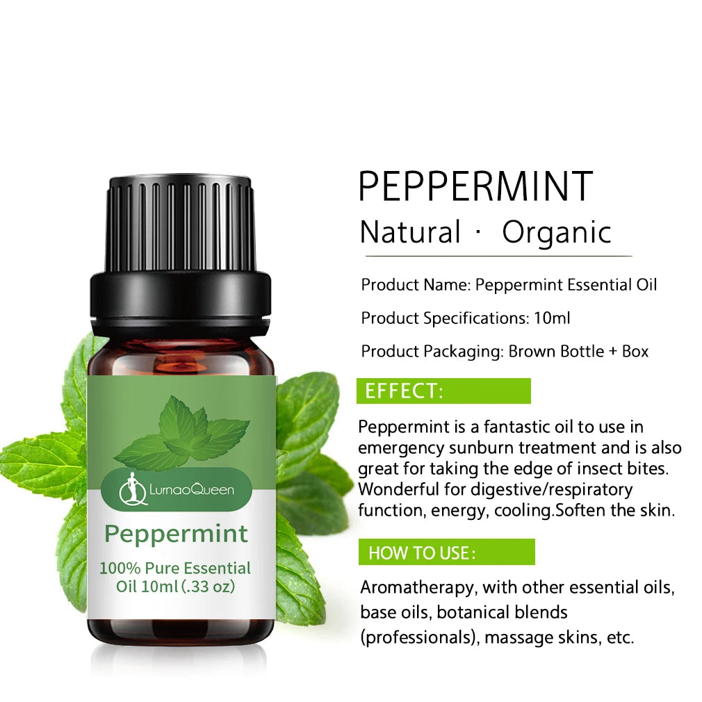 "Peppermint oil is excellent for soothing sunburns and insect bites, supporting digestive and respiratory health, boosting energy, and providing a cooling effect while softening the skin."